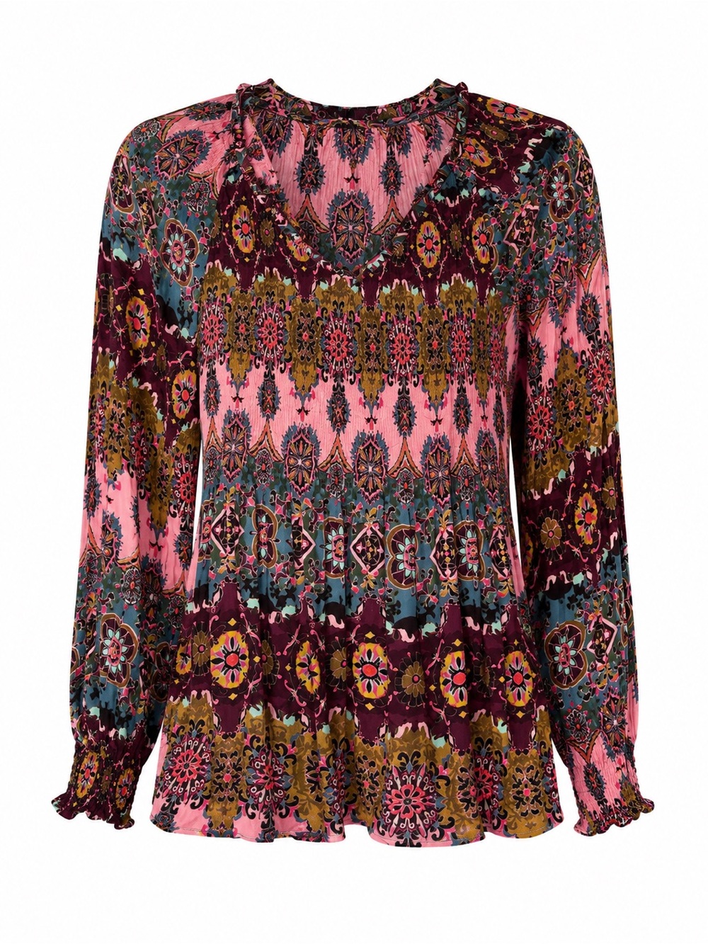 Sunny Leigh Boho Peasant Top Pink Purple Teal Medallion Print Size Medium